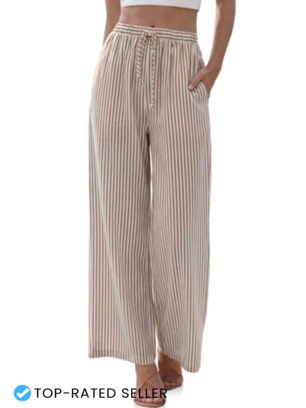 Women's Linen Blend Wide Leg Palazzo Pants, Drawstring Elastic Waist, Casual